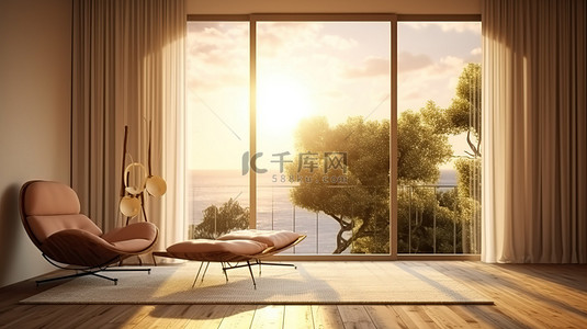 开放空间概念休闲躺椅和宽敞的窗户位于无框卧室 3D 插图中