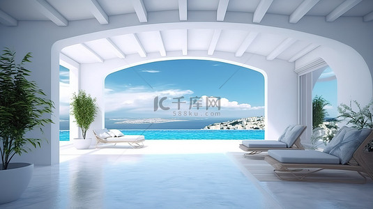 游泳游泳池背景图片_当代海滨房屋内部 3D 渲染，以白色色调露台和游泳池为特色