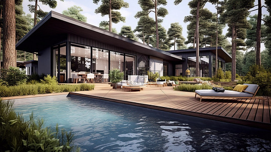 斯堪的纳维亚设计的户外住宅中带游泳池的露台的 3D 渲染