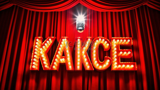 红色剧院幕布背景下发光灯泡字母中“卡拉 OK”的 3D 渲染图像