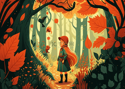 秋季森林女孩插画背景