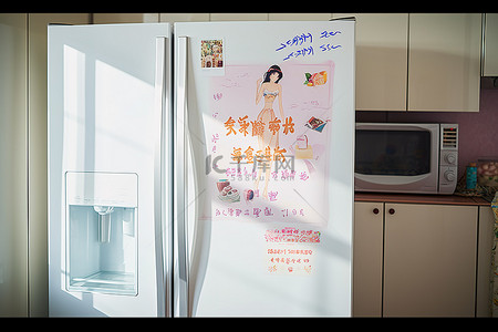单开冰箱背景图片_门上贴有一张纸条的冰箱