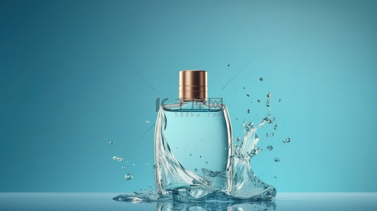 蓝色背景美容背景图片_蓝色背景上有水溅和充足复制空间的香水喷雾瓶的 3D 渲染