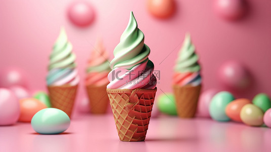 抽象水果背景图片_绿色抽象背景上粉红色草莓冰淇淋锥体的 3D 渲染