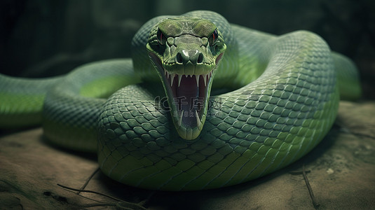 一条凶猛的大绿蛇的渲染 3D 图像