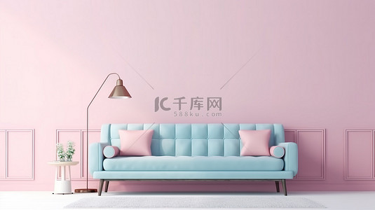 浅蓝色沙发背景图片_时尚的客厅设有浅蓝色沙发和背景 3D 渲染中柔和的粉红色墙壁白色空间