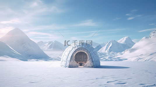 北极荒野 3D 渲染雪山和雪原中孤立的冰屋
