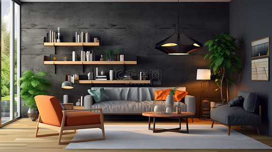 沙发单人背景图片_带两张单人沙发和架子的现代客厅的 3D 渲染