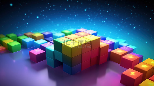 像素化彩虹立方体和星空卡通天空的 3D 渲染图片
