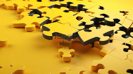 黄色背景与互锁 3D 拼图块解决业务问题 3D 渲染图像