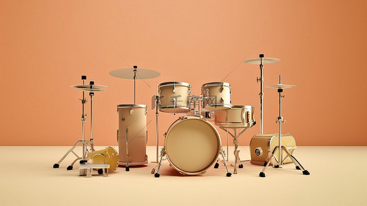 鼓乐器乐器背景图片_带有一组鼓的华丽米色背景的 3D 插图