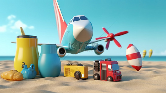 带着 3D 飞机相机和沙滩玩具旅行的概念