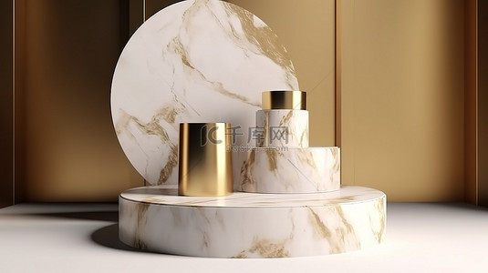 金色圆形艺术装饰 3D 渲染，配有大理石纹理圆柱支架展示台和样机