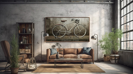 复古时髦阁楼外部背景与自行车 3D 渲染模型海报和画布