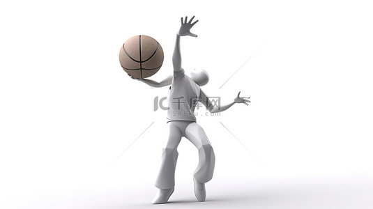男性篮球运动员投掷姿势的白色背景 3D 渲染