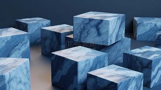 云雾缭绕金粉背景图片_蓝色 3D 场景中的大理石纹理木立方体