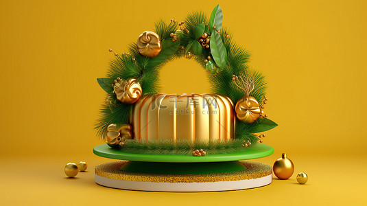 圣诞蛋糕背景图片_黄色背景下饰有绿色花环和金铃装饰的节日圣诞蛋糕的 3D 插图