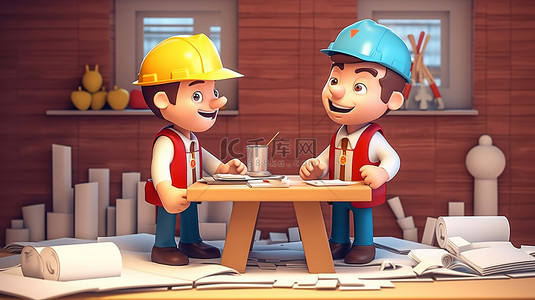 维修工作背景图片_建筑商和客户之间关于工作计划和公寓验收的讨论的卡通风格插图