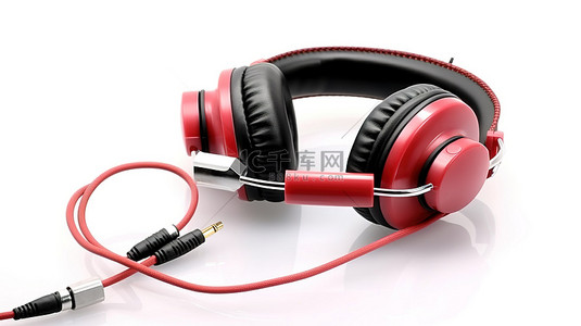 电脑红色背景背景图片_白色背景上单独站立的带有红色电缆的耳机的 3D 插图
