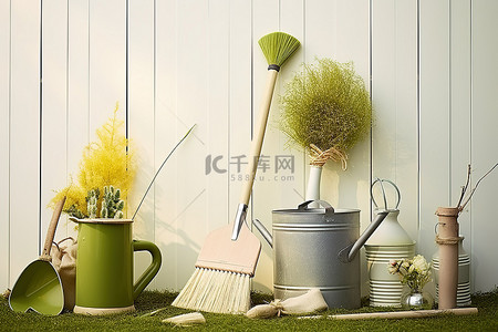 一把花背景图片_一套园艺工具，包括一把黄色扫帚