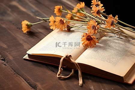 一本旧书，上面有棕色的花，木桌上有一支笔