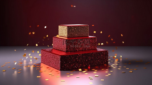 豪华 3D 产品展示台为深红色，配有彩色五彩纸屑，用于周年庆典