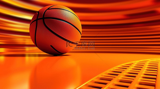 曲线球场上橙色篮球的 3D 渲染