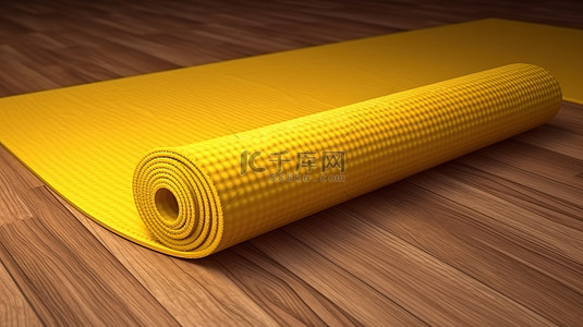 唐风宫廷瑜伽背景图片_木地板，带有充满活力的 3D 渲染黄色瑜伽垫
