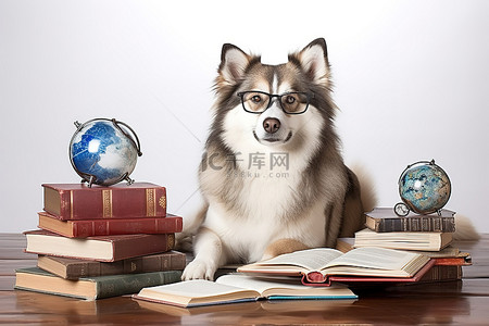 戴着眼镜的狗坐在一堆书旁边的地板上