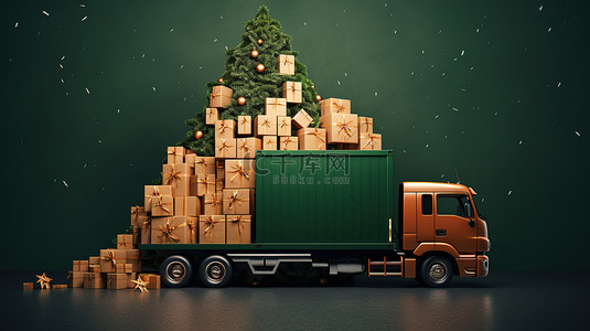 一辆满载礼物和圣诞树的节日卡车的 3D 渲染，非常适合添加文本