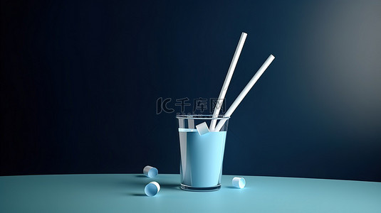蓝色背景 3d 饮料图标用稻草