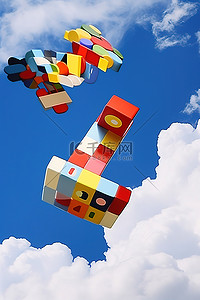 云彩和天空中带有彩色块的玩具飞机