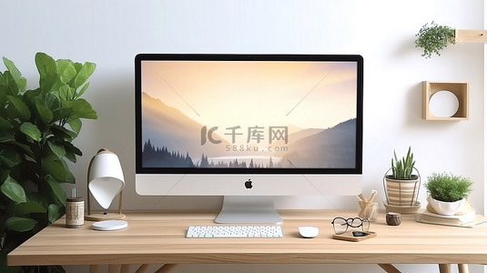 表格求职简历模板背景图片_3D 渲染木桌与空白屏幕现代台式电脑，特写用于家庭办公室