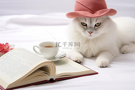 马卡龙背景图片_戴着帽子的白猫躺在桌上，桌上放着咖啡和书