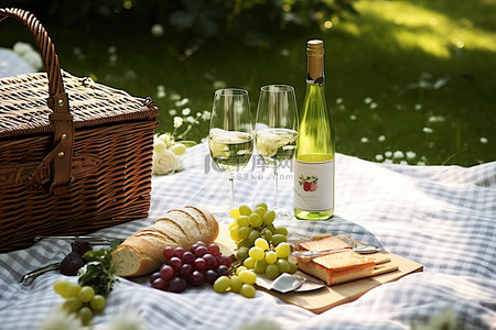 野餐桌背景图片_带食品酒瓶和户外毯子的野餐桌