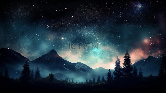 森林月亮夜晚背景图片_星空天空绿色山