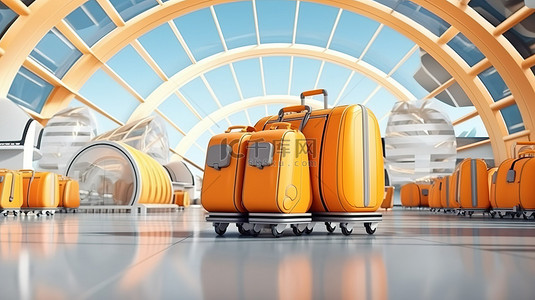 3D 渲染几何机场卡通与橙色行李袋运输概念