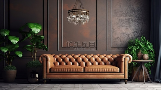 沙发古典背景图片_古典风格内饰的 3D 渲染，配有真皮沙发和植物模型海报