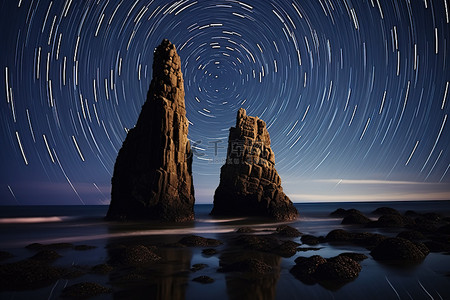 小夜景背景图片_两条星轨掠过小石山的海洋
