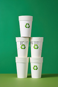 绿色背景下贴有回收贴纸的四个杯子