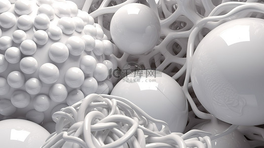 白色充气球在 3D 渲染中的特写，几何图形在飞行