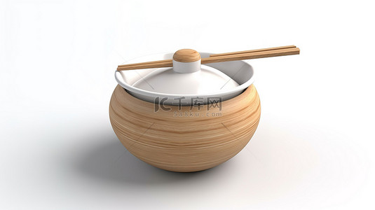 粘土风格的亚洲食品碗由白色木材制成，配有盖子 3D 渲染，在原始的白色背景下