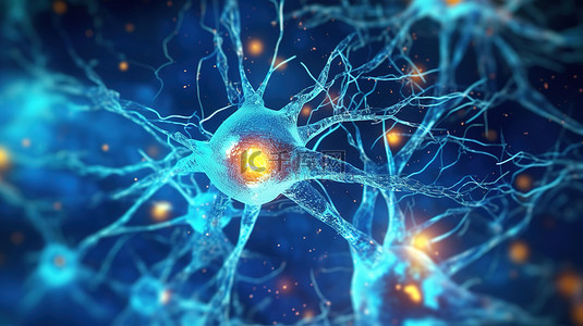 蓝色背景描绘了大脑内通过突触发出的神经元信号 3D 渲染