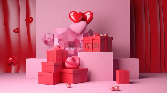 产品展台装饰有 3D 渲染的装饰礼品盒，用于情人节庆祝活动