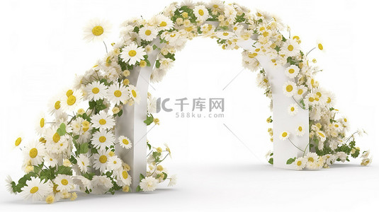 花卉装饰标签背景图片_3d 插图中的花卉拱门独自站在白色背景上