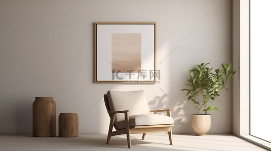 家居风格海报背景图片_现代风格海报样机，内部有 3D 渲染的椅子