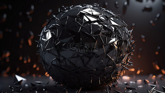 科幻背景下抽象 3D 渲染中的混沌低聚黑色球体