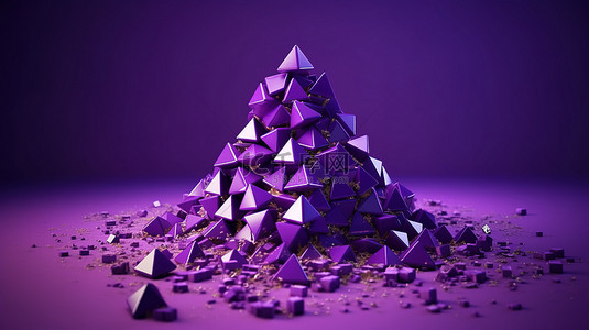 在 3d 中创建的紫色背景下分解的几何形状金字塔