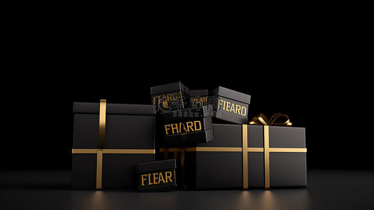 促销海报礼品背景图片_黑色礼品盒横幅上的金色文字用 3D 渲染插图庆祝黑色星期五