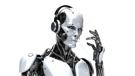 人你好背景图片_带有耳机和以人工智能手势举起的手的机器人或机器人的白色背景 3D 渲染